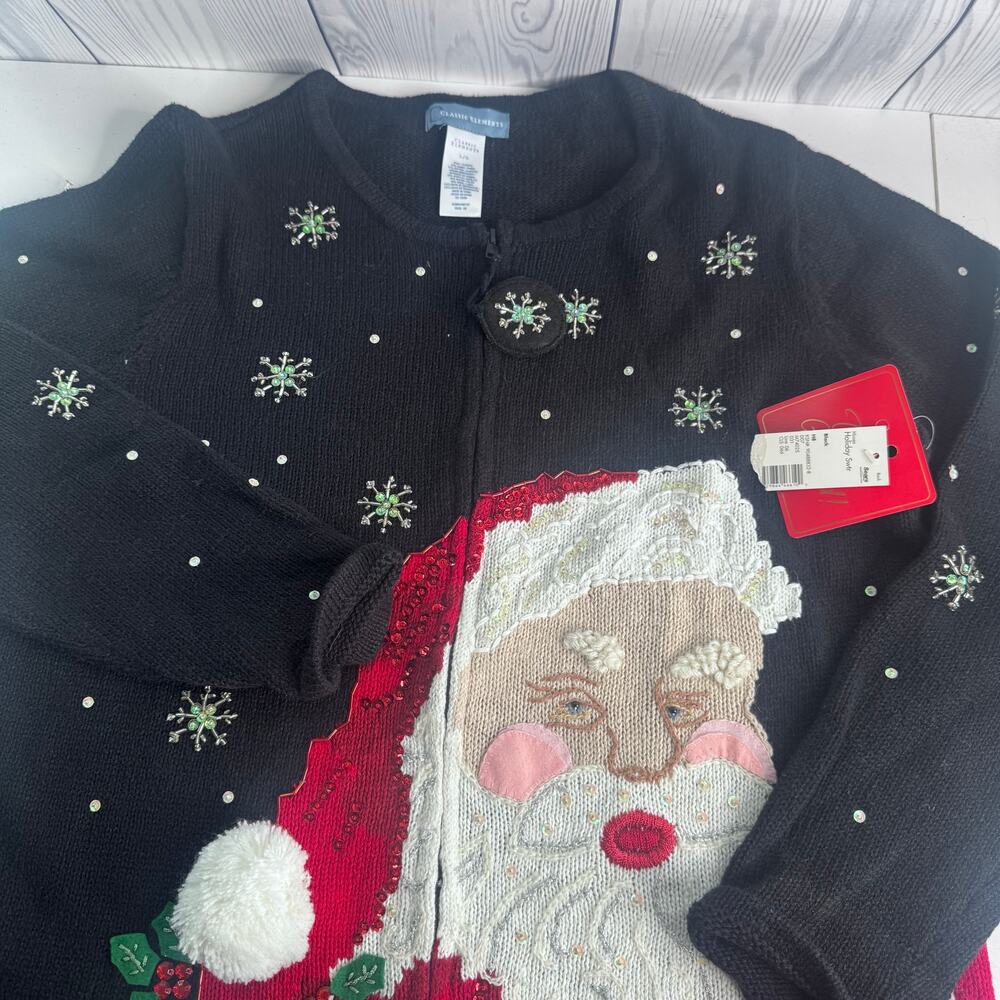 Vintage Women's Classic Elements Santa Claus Sweater Lg Sequins Christmas NEW